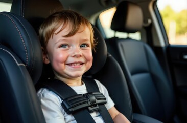 A small boy sits in a child car seat in the back seat of a car, smiles and looks out the window at the viewer.