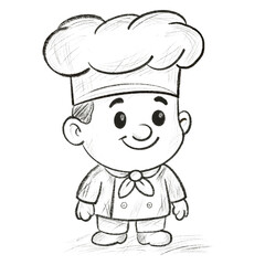 Cute food character set, cartoon boy chef in uniform with big hat, doodle style illustration