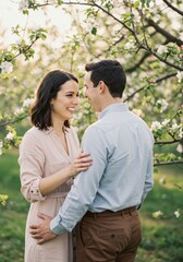 Fototapeta premium Romantic Couple Embracing in a Blossoming Orchard