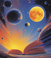magical outer space illustration with a book open at the base background illustration
