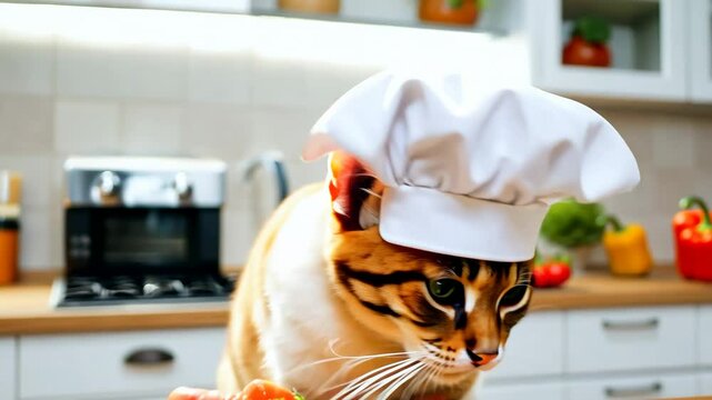 a cat in a chef's hat against the backdrop of a bright modern kitchen first looks at the camera, then at a table with vegetables, preferring a vegetarian diet of natural products