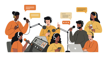 Collaborative podcast team engaging in a creative group recording session vector illustration