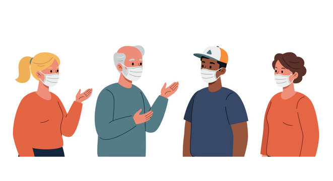 Group discussion with diverse people wearing masks for safety and health precautions vector illustration