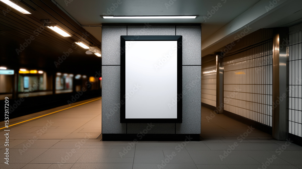 Poster empty subway platform with blank illuminated billboard on tiled wall.