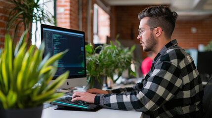 A young male programmer is intensely focused on coding, sitting at a desk with multiple monitors displaying lines of code in a modern office surrounded by green plants.

