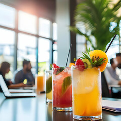 Vibrant summer cocktails garnished with tropical fruits on a table in a business room, with blurred coworkers brainstorming and planning in the background, blending refreshment and professionalism.