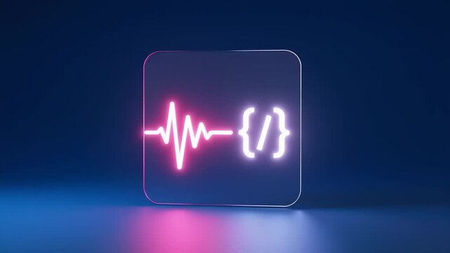 Futuristic neon pulse symbol with coding brackets on a sleek blue background, representing tech innovation