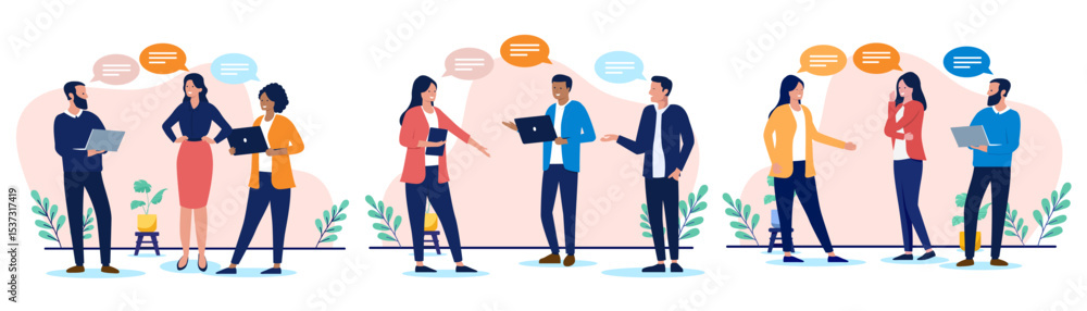 Poster businesspeople talking collection - diverse groups of professional people communicating and interact