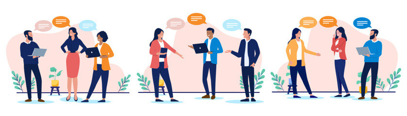 Businesspeople talking collection -  Diverse groups of professional people communicating and interacting, with speech bubbles representing various conversations and discussions. Flat design vector