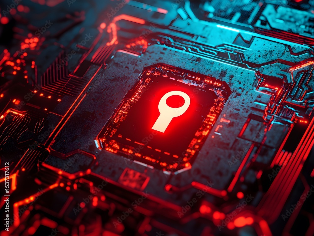 Poster a close-up view of a modern circuit board with a glowing red lock symbol. this image represents cybe