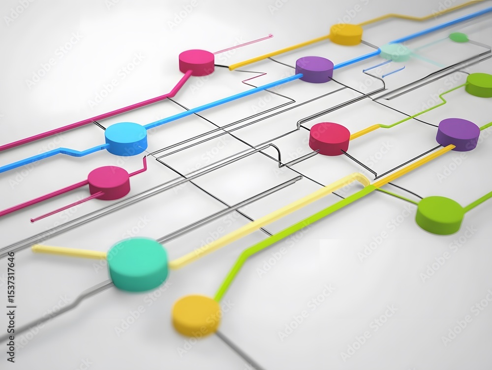 Poster a colorful abstract representation of a technological network with interconnected nodes, illustratin