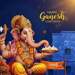 Happy ganesh chaturthi celebration with lord ganesha and modak