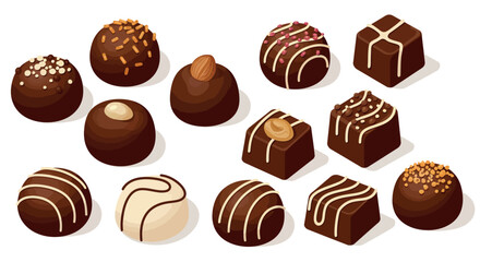 Assorted gourmet chocolate truffles and pralines collection with decorative toppings vector illustration