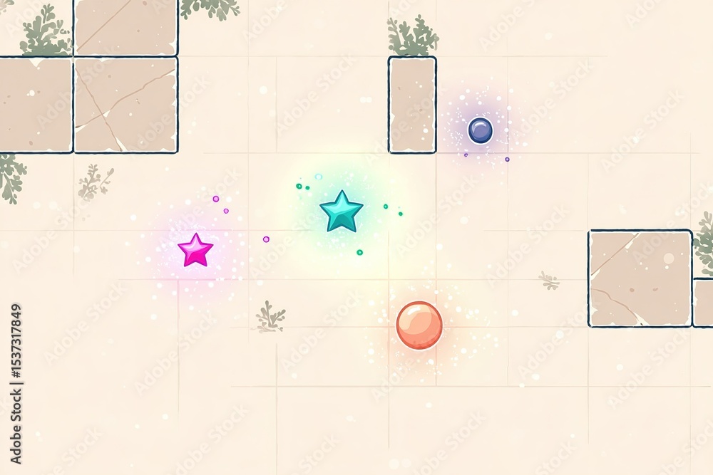 Poster colorful geometric shapes interact in a minimalistic game environment showcasing various vibrant ele