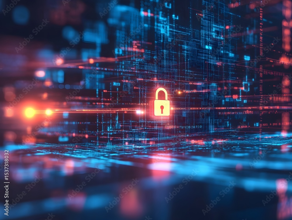 Poster a glowing padlock icon set against a backdrop of digital data streams, representing cybersecurity an