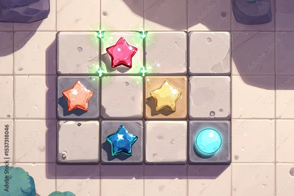 Poster puzzle game level featuring colorful stars on a tiled surface under sunlight in a whimsical setting