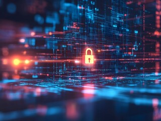 A glowing padlock icon set against a backdrop of digital data streams, representing cybersecurity and data protection in a modern technological landscape.