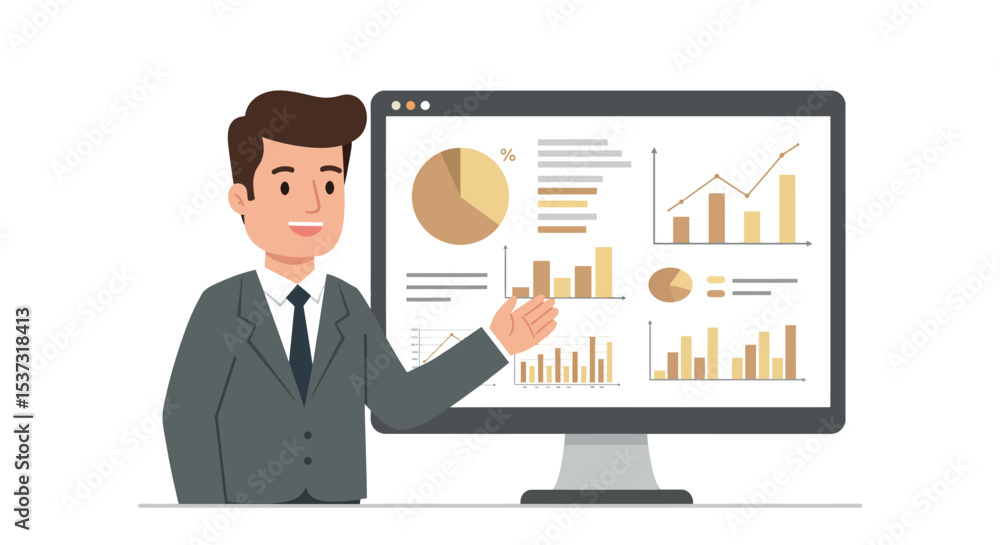 Poster business presentation with analyst discussing financial data and analytics vector illustration