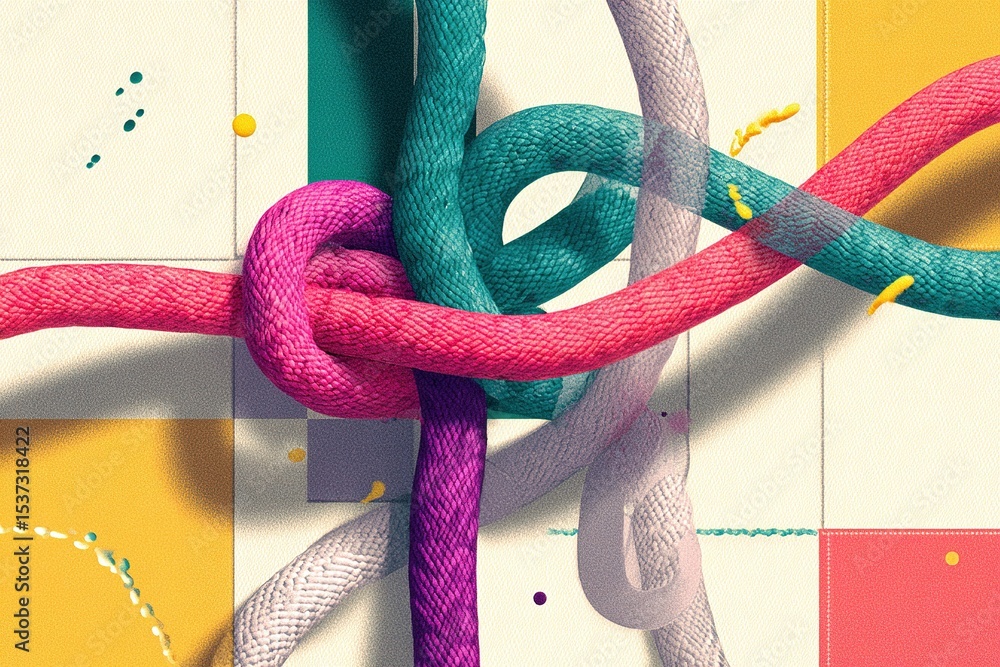 Poster colorful ropes intertwined on a geometric background create an abstract art piece that showcases cre