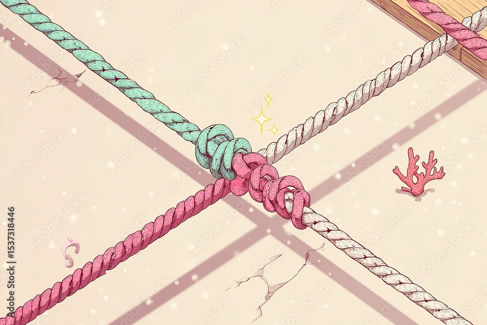 Poster colorful ropes intertwining on a smooth surface, displaying unique knots and coral elements in a pla