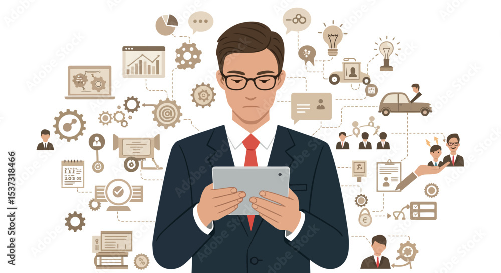 Poster digital innovation and business strategy concept with businessman analyzing data on tablet vector il