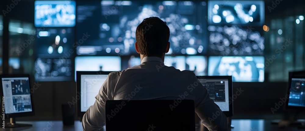 Poster a professional monitoring a high-tech control center with multiple screens, analyzing data and manag