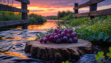 Grapes and Rosemary on Wood Slice Floating in River at Sunset