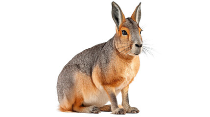 Portrait of a patagonian mara sitting upright with long ears and whiskers against a solid backdrop on transparent background