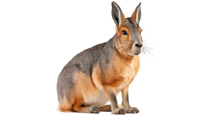 Portrait of a patagonian mara sitting upright with long ears and whiskers against a solid backdrop on transparent background