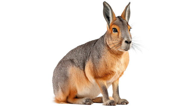 Portrait of a patagonian mara sitting upright with long ears and whiskers against a solid backdrop on transparent background