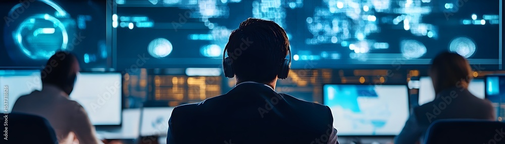 Poster a team of professionals monitors data on multiple screens in a high-tech control room. the focus on 