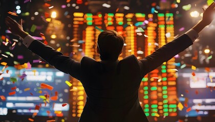 A triumphant business professional celebrates success, with colorful confetti raining down amidst glowing screens displaying stock market data in a dynamic trading environment.