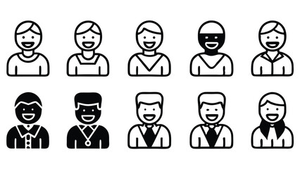 Illustrated set of smiling avatars representing diverse people in outline style.