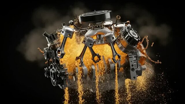 Dynamic engine explosion with fiery sparks, showcasing intricate machinery and powerful mechanics
