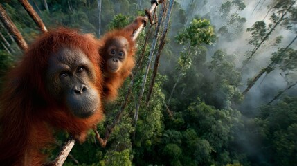 Obraz premium A heartwarming close-up captures an orangutan mother cradling her baby, their expressive eyes reflecting the deep connection they share in the jungle.