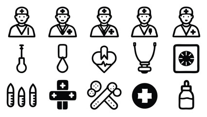 Medical icons illustration showcasing doctors medical equipment and essential healthcare supplies in clean outline style.