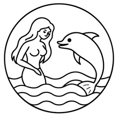Mermaid and dolphin in ocean circle line art