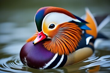 Mandarin duck on water vibrant colors close up