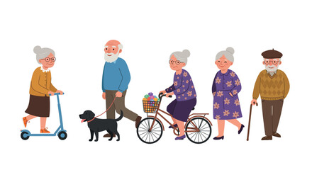 Senior lifestyle illustration with active elderly people engaging in outdoor activities vector illustration