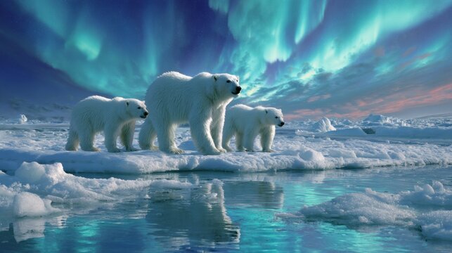 A serene Arctic scene featuring polar bears beneath a vibrant aurora display, highlighting the beauty and fragility of the frozen wilderness.