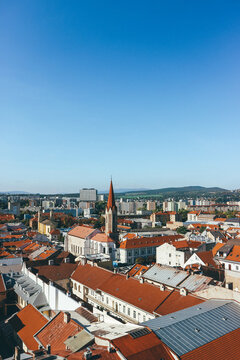 aerial view of the old town of kosice with colorful houses rooftops