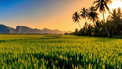 Rice field at sunset,landscape, sky, nature, grass, agriculture, wheat, summer, green, meadow, farm, blue, countryside, cloud, rural, sunset, crop, plant, grain, country, sun, tree, spring, clouds. - Powered by Adobe
