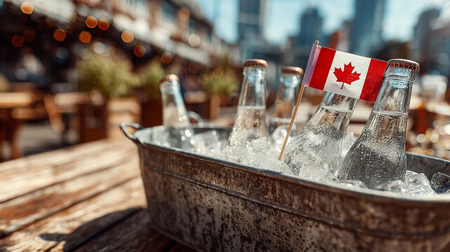 A bottle of soda in an ice bucket against the backdrop of a backyard and a picnic on Canada's Independence Day. The flag of Canada.