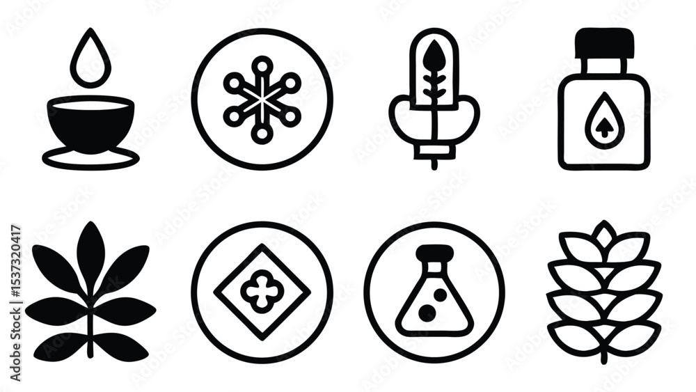 Poster symbolic icon set featuring botanical elements and chemical flasks in a modern minimalist style