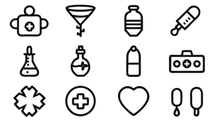 Vector icon set depicting medical, healthcare, and scientific equipment and symbols