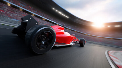Formula 1 race car speeding on track during sunset in high-performance motion.
