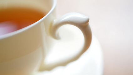 Fototapeta premium Closeup of a white teacup with amber tea