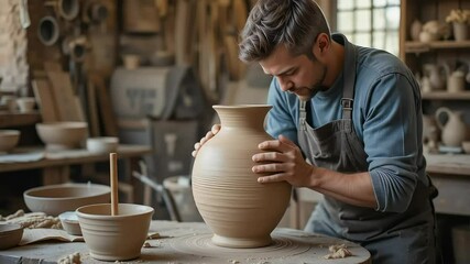 Crafting Heritage: A skilled artisan, immersed in the timeless art of pottery, meticulously shapes a clay vase in a workshop setting, demonstrating precision and dedication in every detail.