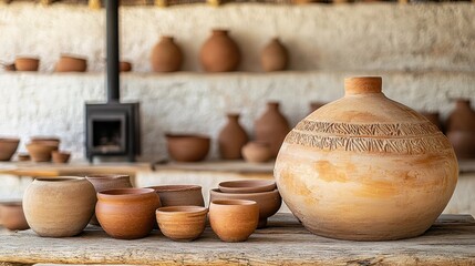 Clay pottery display in rustic workshop