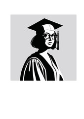 Silhouette of student girl in graduation cap and gown, vector illustration on gray background, copy space